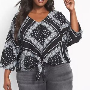 Relaxed Dolman-Sleeve V-Neck Crop Top With Tie-Hem